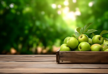 Wooden table with green apples fruits and free space on nature blurred background. Generated AI.