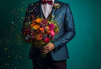 Man in a suit holding a bouquet of flowers with festive tinsel and confetti on a green background with copy space. Generated AI.