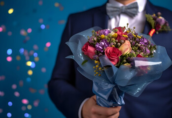 Man in a suit holding a bouquet of flowers with festive tinsel and confetti on a dark blue background with copy space. Generated AI.