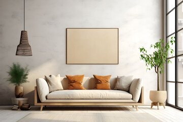Rectangular frame poster mockup, on light concrete wall in living interior with modern boho furniture and big window, century beige sofa, scandinavian style interior decoration. Generated AI.