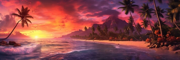 Fototapeta na wymiar Tropical Palm Sunset Background. Illustration AI Generative.
