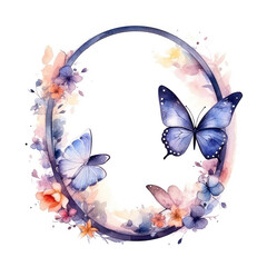 Watercolor frame with butterfly and flowers. Illustration AI Generative.