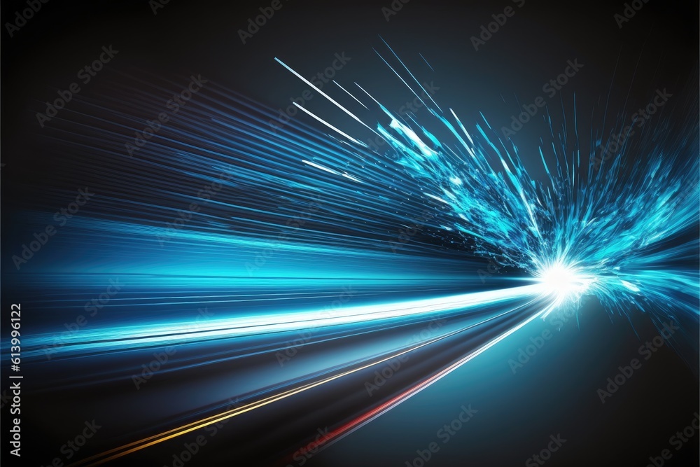 Wall mural Abstract of high speed car racing of taillight in streak with blue color concept. Art in digital street background. Finest generative AI.