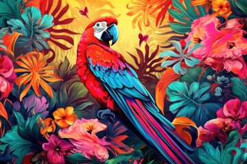 Tropical Vivid Background with Flower and Birds. Illustration AI Generative.