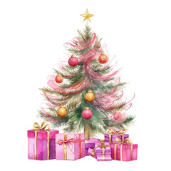 Fototapeta na wymiar Watercolor Christmas Tree with Gifts. Illustration AI Generative.