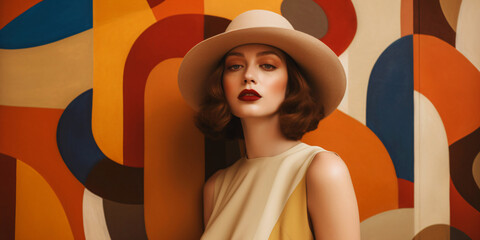 retro style fashion woman with hat, fictional person created with generative ai