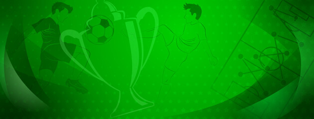 Obraz premium Abstract soccer background with a football players kicking the ball and other sport symbols in green colors