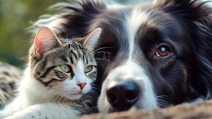 Portrait of a dog and a cat lying together, a banner for a veterinary clinic, domestic animal