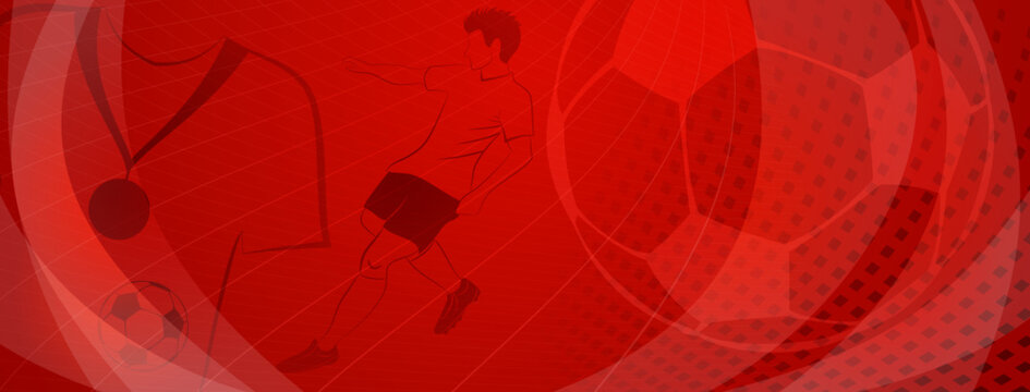 Abstract soccer background with a football player kicking the ball and other sport symbols in red colors