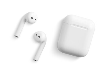 White wireless earphone or headphones for using with smartphone, isolated on a transparent background, PNG. High resolution.
 - obrazy, fototapety, plakaty