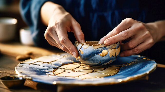 Female hands fixing porcelain with kintsugi method. Ceramic plate repaired using japanese Kintsugi or Kintsukuroi technique emphasizing the cracks with golden joinery. Wabi sabi concept
