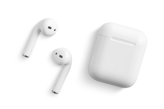 White wireless earphone or headphones for using with smartphone, isolated on a transparent background, PNG. High resolution.
