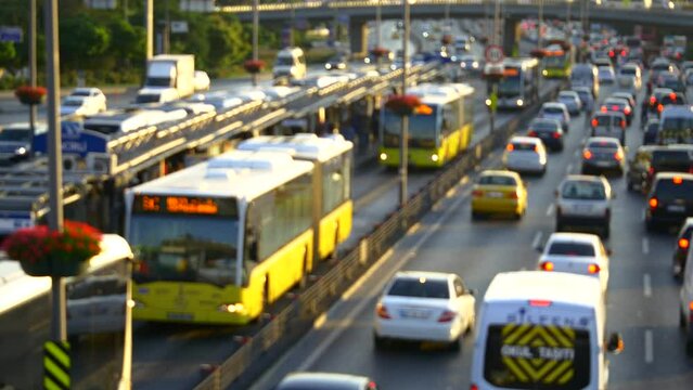 Traffic on the busiest highway in Istanbul City. Out of focus. Traffic congestion is diminishing the quality of life in Istanbul. Currently almost 1.8 million automobiles choke its roads.
