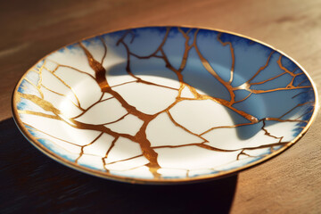 Ceramic Kintsugi plate on a wooden table. The antique restoration method. Repair gold cracks in old Japanese pottery. Unique expression of Japanese culture and aesthetics. Sunlight. top view