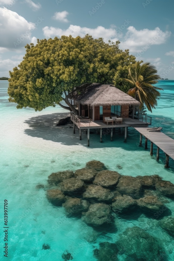 Wall mural Amazing drone view of the beach and water with beautiful colors. luxury tropical resort or hotel with water villas and beautiful beach scenery. maldives, summer vacation, resort maldivian houses.