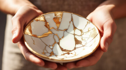 White ceramic plate with kintsugi method in Female hands. Antique pottery restored with gold cracks. Traditional Japanese gold fixing method. Wabi sabi concept. Sunlights. Generative AI - obrazy, fototapety, plakaty