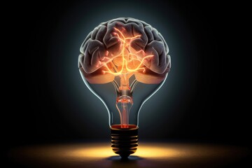 Human brain inside light bulb on dark background. Idea Concept. Generative AI