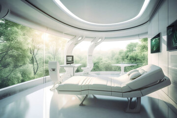 Futuristic hospital room with hologram views of natures on the walls. Generative AI.