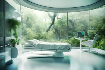 Futuristic hospital room with hologram views of natures on the walls. 