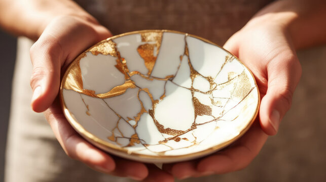 White ceramic plate with kintsugi method in Female hands. Antique pottery restored with gold cracks. Traditional Japanese gold fixing method. Wabi sabi concept. Sunlights. Generative AI