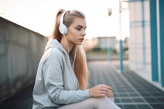 Sporty young woman in headphones listening to music while sitting on the street. Generative AI