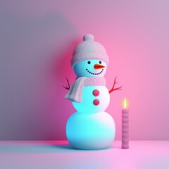 A cute white snowman wearing a winter hat and scarf against neon pink background. Winter or Christmas concept. Illustration. Generative AI