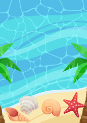 Fototapeta na wymiar Summer background with sea, sand, palm, shell, starfish. Vertical summer template in cartoon style. Vector.