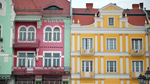 View of the Bruck House with coloured facade located on the Unirii Square in Timisoara, Romania