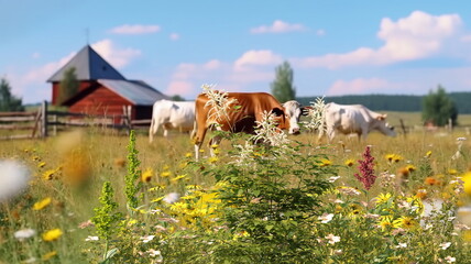 animals on wild field  at sunset ,dog  and cows on summer  floral field, daisies and sunflowers on the field, wooden cabin  on the horizon, blue sky, sunny summer day in the village,generated ai