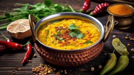 Indian dal food. Traditional Indian soup lentils. Indian Dhal spicy curry in a bowl, Delicious Dal Tadka recipe wooden background - obrazy, fototapety, plakaty