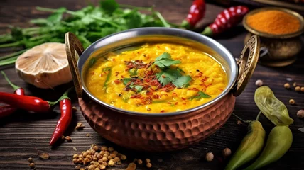 Foto auf Alu-Dibond Indian dal food. Traditional Indian soup lentils. Indian Dhal spicy curry in a bowl, Delicious Dal Tadka recipe wooden background © MH