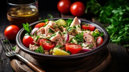 Penne pasta in tomato sauce with chicken and tomatoes, pasta at the wooden table front and side view 