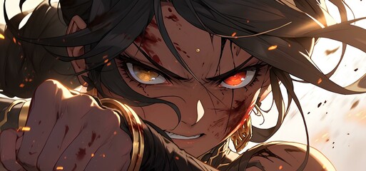 Fototapeta premium Strongest female fighter who struggles despite major injuries, japanese anime style illustration. generative AI