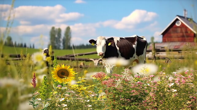 animals on wild field  at sunset ,dog  and cows on summer  floral field, daisies and sunflowers on the field, wooden cabin  on the horizon, blue sky, sunny summer day in the village,generated ai