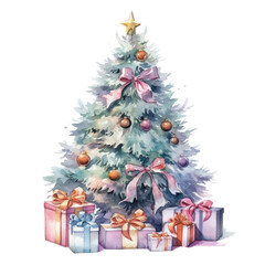 Fototapeta na wymiar Watercolor Christmas Tree with Gifts. Illustration AI Generative.