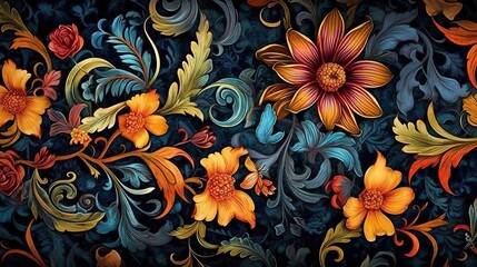 Photo ornate pattern and abstract flowers and vines Generative AI - obrazy, fototapety, plakaty