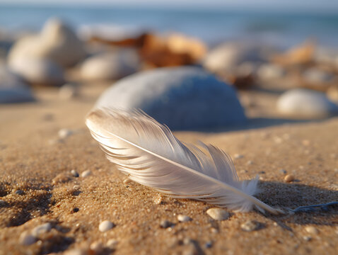 Feather on a sandy beach, generative AI