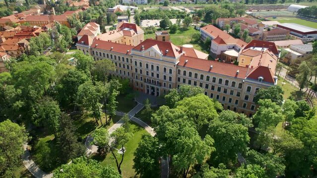 Aerial drone view of Oradea, Romania. View of the museum with square full of greenery in front of it