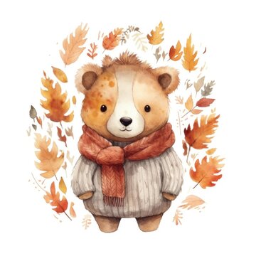 Cute watercolor baby autumn bear isolated. Illustration AI Generative.