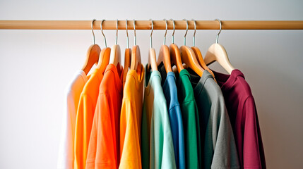 Rainbow colors, clothes on wooden hangers