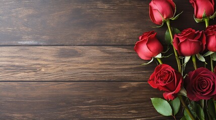 Naklejka na ściany i meble Red Roses on wooden solid background with copy space Generative AI