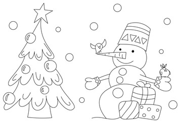 Vector page for coloring. New Year, Christmas gifts, garlands. Creative task for children. Christmas tree with a star.