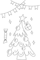 Vector page for coloring. New Year, Christmas gifts, garlands. Creative task for children. Christmas tree with a star.