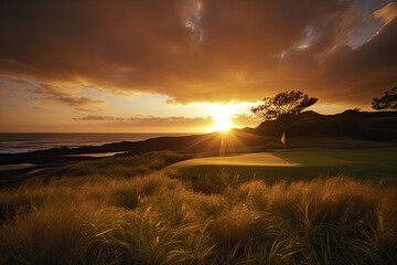 Sunrise over the field. AI generated art illustration.