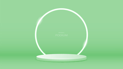 An empty podium with a neon makeup frame. A platform with a bright shiny arch on a green background.