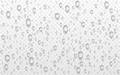 Water drops on transparent backdrop. Droplets with shadow. Wet window with rain effect. Realistic dew drops. Shower water bubbles. Raindrop closeup. Vector illustration