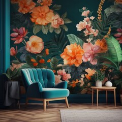 A cozy living room enlivened by vibrant tropical floral wallpaper features stylish seating and decor. A comfortable blue velvet chair provides a luxurious place to sit. Generative AI