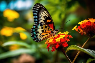 Naklejka premium The tranquility and beauty of nature with a close - up shot of a colorful butterfly resting on a flower. Generative AI