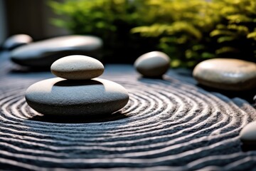 The tranquility of a Zen garden in a close - up shot of carefully arranged stones. Generative AI
