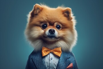 Anthropomorphic dog of the Pomeranian breed dressed in a suit like a businessman. Business Concept. AI generated